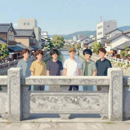 front view painting of a stone railing urban japanese city in the background in the style of cowboy bebop, calm, sunny day, bright, artwork by jeremy lipkin and giuseppe dangelico pino and michael garmash and rob rey and greg manchess and huang guangjian and makoto shinkai, sharp edges, simple form, 1 0 0 mm