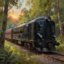 photorealistic painting of abandoned black futuristic train in summer forest, brom, sunset, mucha, moebius, craig mullins, juan gimenez artstation cgsociety