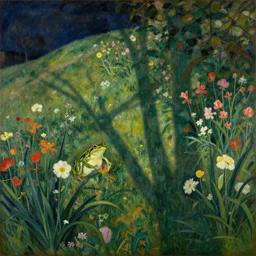 frogess flower garden on hills by henri rousseau masterpiece shadows and highlights mucha beksinski
