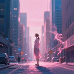 loneliness, single person, city, pink, blue, artwork, depth of field, ultra wide shot