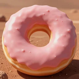 giant donut with pink glaze on mars, sunlight, f - stop, high quality photography,