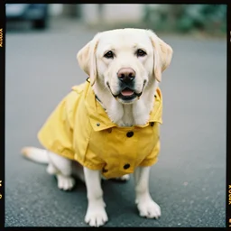 a cute Labrador in a duffle coat, KODAK Portra 400