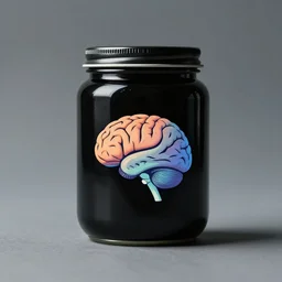 minimalistic logo of brain on black jar, advert, with dark techno. synthwave colours, in the style of spirited away, hyperrealism,