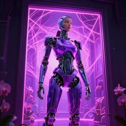 beautiful tall female robot printed with purple and black 3 d geometrical neon facing a doorway opening with neon pink geometric fractal light!!!!! + a portal to a vaporwave world, flowering orchids, transcendent, clean linework, dramatic, vibrant colors, finely detailed, 4 k, trending on artstation, photorealistic, award winning, volumetric lighting, octane render