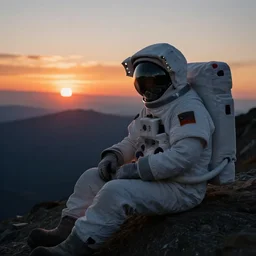 very close shot of an astronaut sitting on a mountain alone, sunset, cinematic, epic, photorealistic, dark scene, 8k,