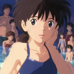 close - up, accurately shaped face, volumetric light, posing in competitive swimsuit. by takashi takeuchi, yoshiyuki sadamoto, amagaitaro, makoto shinkai, krenz cushart, asao urata, pixiv. 9 0 s