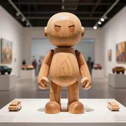 8 k octan, highly detailed, photo, a totally wooden figurine collectible art toys wooden on feet, funny concept car trucks cyberpunk, a contemporary art gallery, symmetrical, naturalism, masterpiece of art, design showroom, dealership, indoor display, convention, exhibition cyberpunk