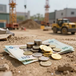 a construction site, made of money, coins, notes, gold