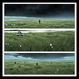 no border 3 panel graphic novel layout grasslands cryogenic tears of hyperspace loneliness futuristic small unit tactics behind enemy lines littoral combat photorealistic graphic novel layout by michael komarck, greg rutkowski, victo ngai, artgerm, willem claesz heda and j. dickenson roger deakins john seale syd mead