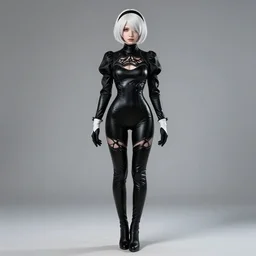 a fullbody portrait of a thin petite slender 2 b from nier automata, white hair : : in a black latex catsuit, long sleeves, turtleneck : : cosplay, photography, studio photography, real lighting, realistic, hd : :