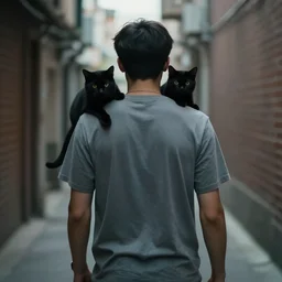a guy with a black cat on his shoulder walking down an alley, cinematic, moody
