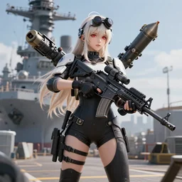 azur lane character Enterprise CV-6 in Call of duty. Cinematic shot shown her armed to the teeth with machine guns and rocket launchers, 3D render , rendered on a 2080 ti