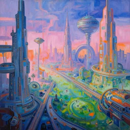 a highly detailed painting of a sci fi world with many different shades of blue purple pink orange green, by simon stalenhag, by beeple, by bruce pennington, by james jean, featured in juxtapoz, mixed media, dynamic composition