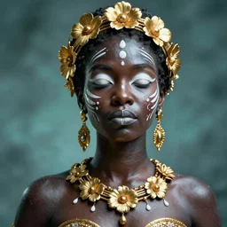 hyperrealistic neo - symbolist cinematic very beautiful! oshun goddess with white eyes, yoruba body paint, dripping droplet armor, gold flowers, highly detailed digital art masterpiece, smooth etienne sandorfi eric zener dramatic pearlescent soft teal light, ground angle uhd 8 k, sharp focus