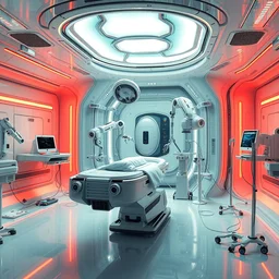 hyperdetailed concept art, highly integrated futuristic automated surgical chamber for human enhancement, single large glass chamber medical bed, robot arms, meka robotics, ultimate robotic cnc surgical hybrid mri 3 d printer machine, in cyberpunk hospital lab, scifi, highly detailed, vibrant, digital painting, artstation, hdr, rtx, octane render, by artgerm and alphonse mucha