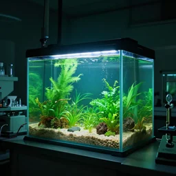 subterranean laboratory, volumetric light, green aquarium