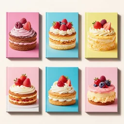 flatlay recipe book collection, vivid colors, dramatic lighting, cake