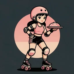 illustrated logo, pretty roller derby girl, wearing roller derby helmet, mcbess, 1960s, carrying a tray