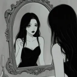 a spooky woman looks in a mirror, line art