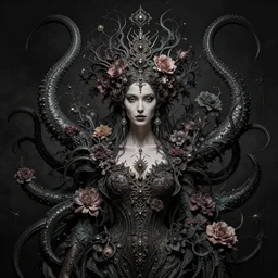 centered beautiful detailed front view portrait of a woman with ornate tentacles and flowers growing around, ornamentation, flowers, elegant, dark and gothic, full frame, by wayne barlowe, peter mohrbacher, kelly mckernan, h r giger