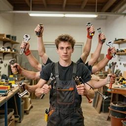 a young man using stanley tools, he has many arms and hands holding different tools, very wide angle, in a workshop