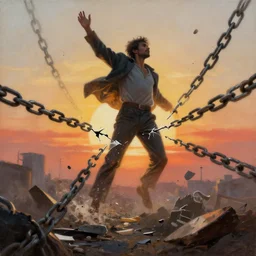 a messy painting of chains breaking, by delphin enjolras, a man is free, sunrise background, racial justice, freedom, a new dawn, highly detailed, sharp focus, cinematic, trending on artstation