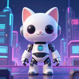 Synthwave robot cat in front of a cyberpunk cityscape. 8k resolution.
