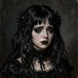 a detailed portrait painting of a goth girl with big hair, she is crying, in the style of Raffael and Grant Wood, 4k,