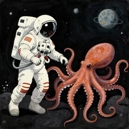 dark retro illustration 1 9 7 5 science fiction, astronaut versus space octopus, gouache and ink, art sussman, mohrbacher, retro futurism