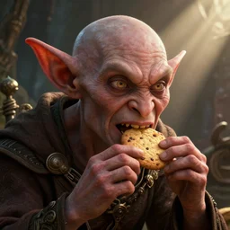 highly detailed closeup portrait of a medieval goblin eating cookies, unreal engine, hyung tae, frank frazetta, nicoletta ceccoli, mark ryden, lostfish, earl norem, global illumination, god rays, detailed and intricate environment