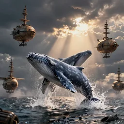 whales jumping over steampunk airships