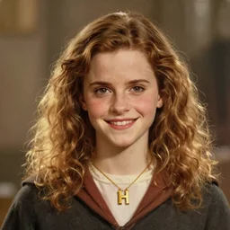 Painting of Emma Watson as Hermione Granger. Wearing a golden H necklace. Smiling. Happy. Cheerful. Art by william adolphe bouguereau. During golden hour. Extremely detailed. Beautiful. 4K. Award winning.