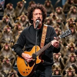 jerry garcia playing guitar in front of a crowd of monkeys
