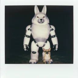 close up potrait of oversized cyborg white wolf rabbit pug chihuahua mutant in legnica, full body, nighttime, cinematic focus, polaroid photo, vintage, neutral dull colors, soft lights,, by gregory crewdson