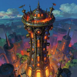 final fantasy, tower, steampunk, view from a distance, view from below, glowing lights, epic fantasy, colorfully, digital art, highly saturated colors, concept art, detailed illustration, hd, 4 k, digital art, greg rutkowski, dan mumford, studio ghibli trending on artstation