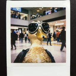 super awesome head to shoulder portrait polaroid film photograph of a duck in a mall wearing aviator shades. super resolution. surreal. extremely detailed. polaroid 6 0 0 film. by annie leibovitz and richard avedon