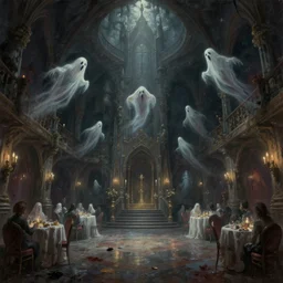 hyper realistic detailed painting of a wide angle shot from below interior view of a dark and gritty surrealist castle ball room with ghosts and spectres flying all over the place, in the style of the best artist possible