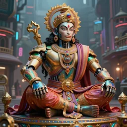 high quality 3 d render colorful cyborg! hanuman sitting, gold madhubani, highly detailed, cyberpunk!! mumbai in the background, unreal engine cinematic smooth, szukalski & blade runner, moody light, low angle, uhd 8 k, sharp focus