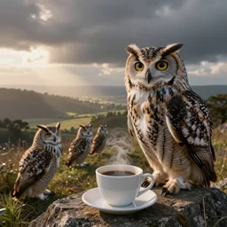 owl at morning with cup of coffee, kirchner, gaughan, caulfield, aoshima, earle
