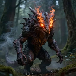 realistic smoke creature with fire eyes in fantasy forest, sharp focus, 4 k, high detail
