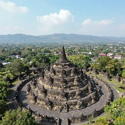wide angle aerial drone view of Borobudur Temple Indonesia, 3d stereoscopic equirectangular 360, fov 90 degrees, horizon centered, yaw 0 degrees