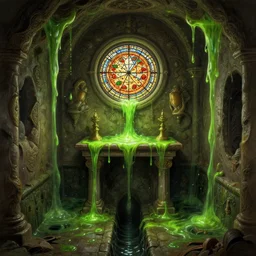 an altar in a puritan underground sewerage network, with a small round stained glass window depicting a pizza, green glowing slime flowing down from the sewers on the walls, intricate, highly detailed, digital painting, artstation, concept art, cinematic lighting, illustration, by artgerm, greg rutkowski, alphonse mucha, cgsociety
