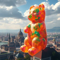 stunning painting of an oversized colorful translucent gummy bear towering over panoramic budapest with parliament, destroying buildings, hyperdetailed illustration, by artgerm, artstation, unreal engine 5 photorealistic