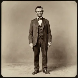 Abraham Lincoln !!!!grinning, portrait, full body, symmetrical features, silver iodide, 1880 photograph, sepia tone, aged paper, Sergio Leone, Master Prime lenses, cinematic