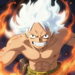 Luffy turning into his new form with a white fire hair, luffy with fire white hair, his new power GEAR 5, close up shot, studio Ghibli, Pixar and Disney animation, sharp, Rendered Unreal Engine 5, film key art, Greg Rutkowski, Bloom, dramatic lighting