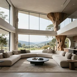 modern open living room with big windows showing an amazing landscape on the background, organic architecture, interior design, minimalist furniture, octane render, high detail, 8 k, post production