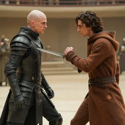 hectic knife_fight  between bald_hairless_Austin_Butler-dressed-in-black-leather-armor and Timothee_Chalamet_dressed-in-brown-felt, in an arena, film still from movie Dune-2021, detailed faces