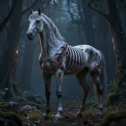 nightmare horse, undead with exposed ribs, standing majestically in the forest clearing, dramatic back lighting, rendered in blender