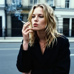 photograph of a young kate moss smoking a cigarette, in the style of karen knorr, daido moriyama, london, y 2 k aesthetic