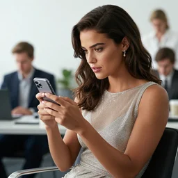 Mangal Key visual of a stunningly attractive olive skinned woman in a sparkly silver dress looking at her iphone, office background, by Gil Elvgren and Dorian Cleavanger